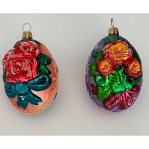 Christopher Radko Blown Glass Egg Ornaments Set 2 Floral Rose Embossed